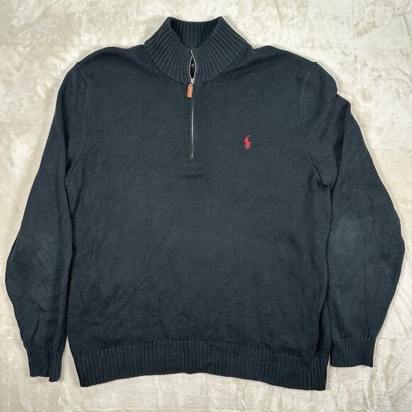 VTG Polo Ralph Lauren 1/4 Zip Knit Sweater Pullover Black Men’s Size XL Cotton - Picture 1 of 8